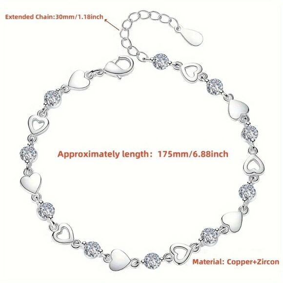 Silver Heart Chain Crystal Zirconia Tennis Bracelet Adjustable Fashion Jewelry - Picture 4 of 5